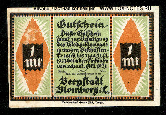 Bergstadt Blomberg i.L. Notgeld 1 Mark 1921