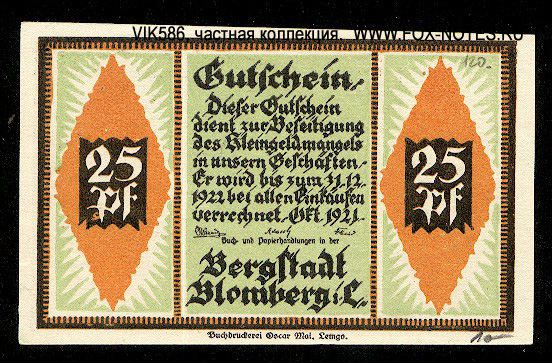 Bergstadt Blomberg i.L. Notgeld 25 pfennig 1921