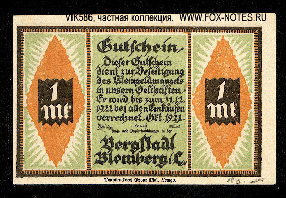 Bergstadt Blomberg i.L. Notgeld 1 Mark 1921