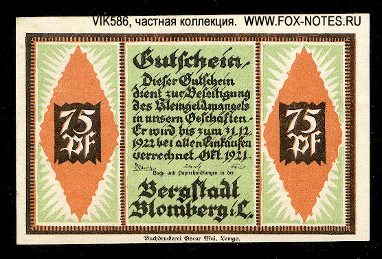 Bergstadt Blomberg i.L. Notgeld 75 pfennig 1921