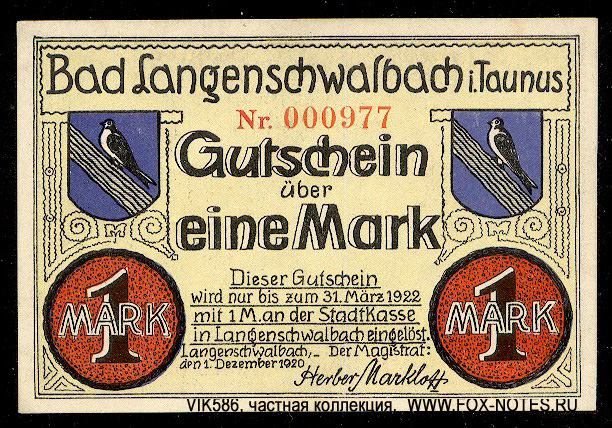 Stadt Bad Langenschwalbach i. Taunasn. 1 mark 1921