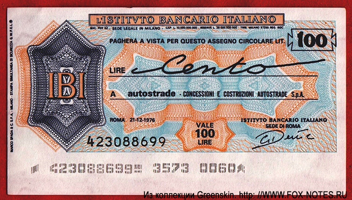 INSTITVTO BANCARIO ITALIANO.  - Miniassegni. 100  1976