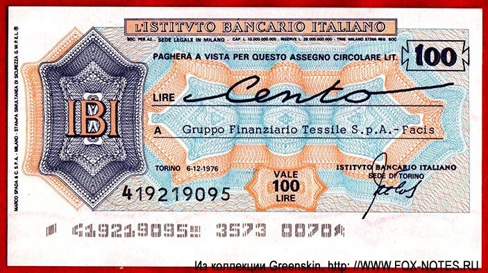 INSTITVTO BANCARIO ITALIANO.  - Miniassegni. 100  1976