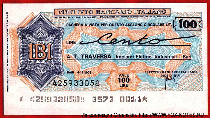 INSTITUTO BANCARIO ITALIANO. T. TRAVERSA Impianti Eleerici Industriali - Bari 100 lire 1976