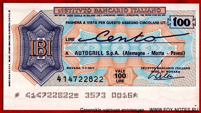 INSTITVTO BANCARIO ITALIANO 100  1977