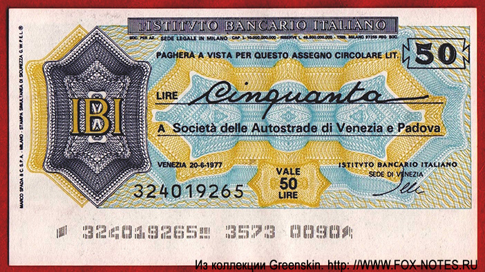 INSTITVTO BANCARIO ITALIANO.  - Miniassegni.50  1977