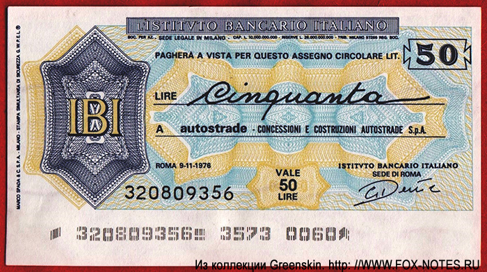 INSTITVTO BANCARIO ITALIANO.  - Miniassegni. 50  1976