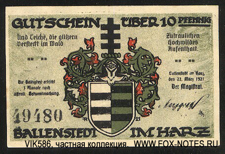 Stadt Ballenstedt 10 pfennig 1921