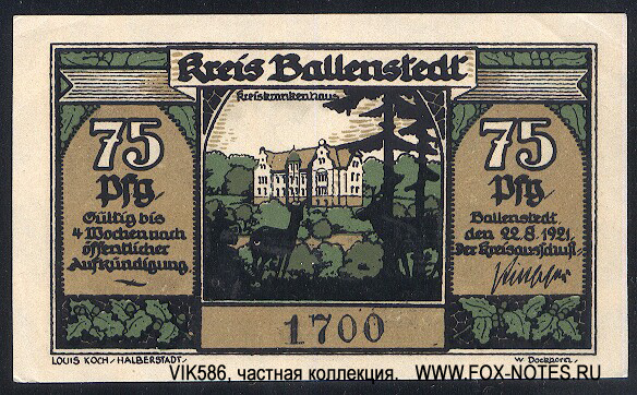 Kreis Ballenstedt 75 Pfennig 1921