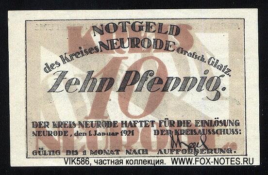 Notgeld der Kreis Neurode. 10 Pfennig. 1. Januar 1921.