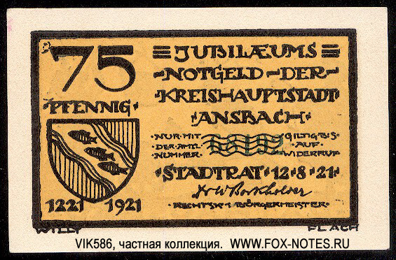 Kreishauptstadt Ansbach 75 Pfennig 1921 Notgeld