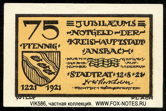 Kreishauptstadt Ansbach 75 Pfennig 1921 Notgeld