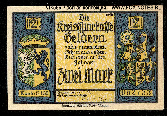 Kreissparkasse Geldern 2 Mark 1921 Notgeld