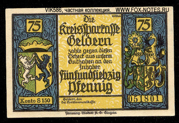 Kreissparkasse Geldern 75 Pfennig 1921 Notgeld
