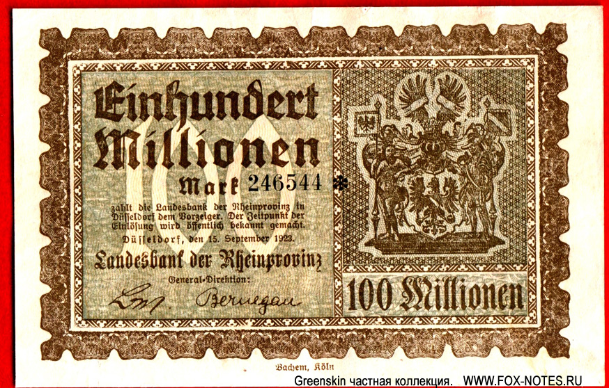 Landesbank der Rheinprovinz 100 Millionen Mark 1923
