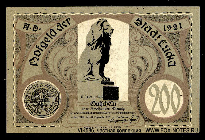 Notgeld der Stadt Lucka. 200 Pfennig. 1. September 1921.