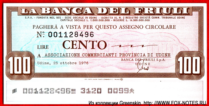 la BANCA DEL FRIULI Miniassegni 100 lire 1976
