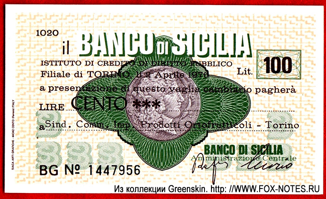 il BANCA di SICILIA Miniassegni 100 lire 1976
