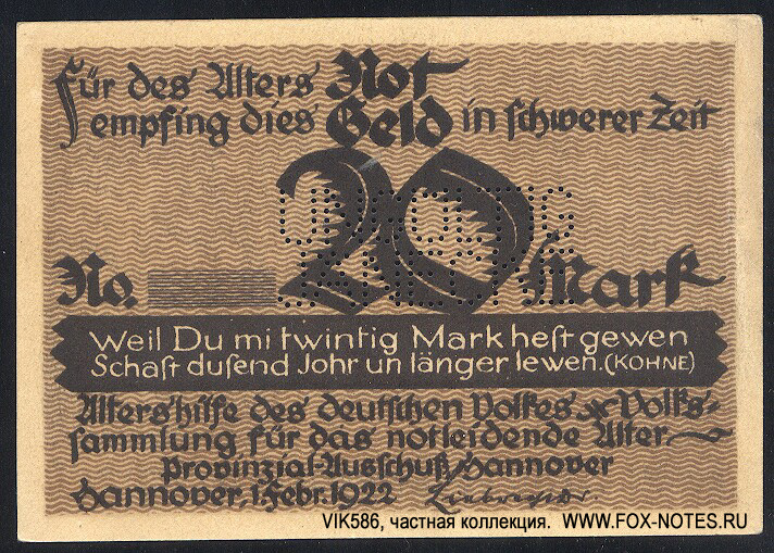Provinzial-Ausschuss Hannover 20 Mark 1922