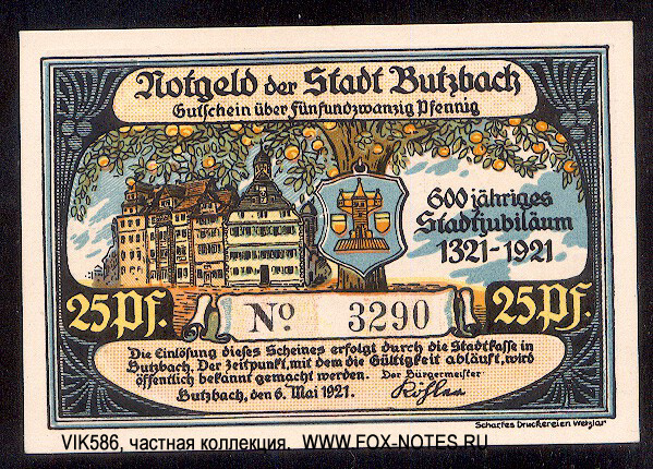 Notgeld der Stadt Butzbach/ Gutschein. 25 pfennig 6.05.1921