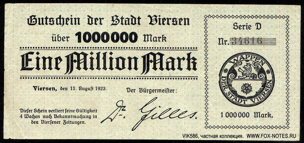 Stadt Viersen 1 Million Mark 1923