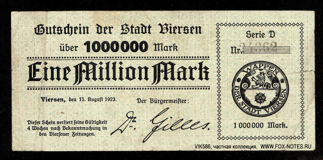 Stadt Viersen 1 Million Mark 1923