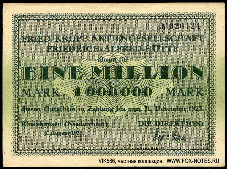 Friedrich Krupp Aktiengesellschaft. Friedrich-Alfred-Hütte. 1 Million Mark 1923