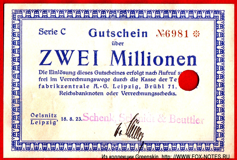 Schenk, Schmidt & Benttler 2 Millionen Mark 1923