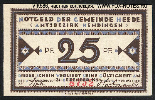 Notgeld der Gemeinde Heede.  25 pfennig 1921