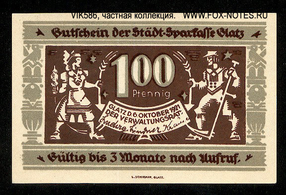 Stadt Sparkasse Glatz 100 Pfennig 1921