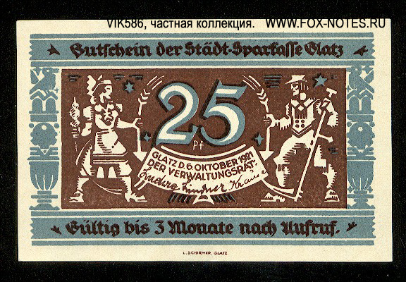 Stadt Sparkasse Glatz 25 Pfennig 1921
