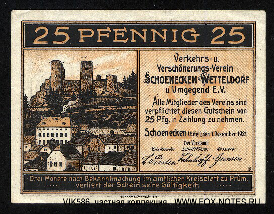 Verkehrs- und Verschonerungsverein Schönecken-Wetteldorf 25 Pfennig 1921