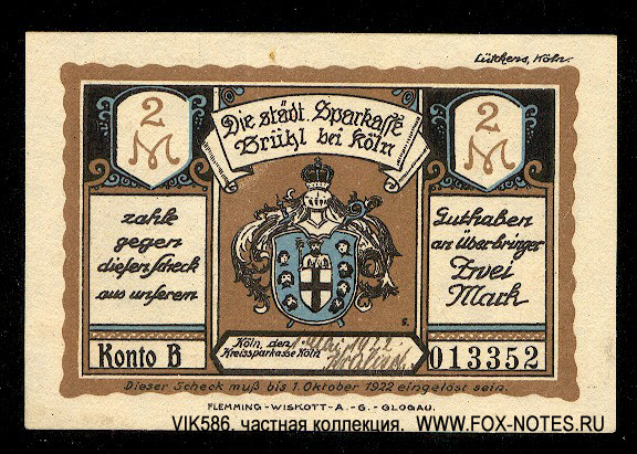 Sparkasse Brühl bei Köln 2 Mark 1921