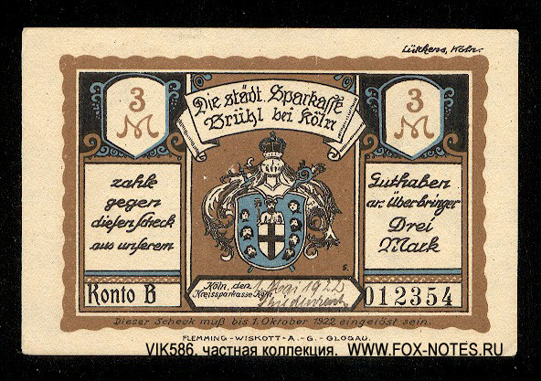 Sparkasse Brühl bei Köln 3 Mark 1921