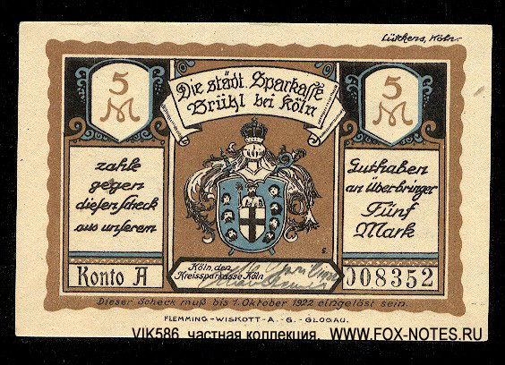 Sparkasse Brühl bei Köln 5 Mark 1921