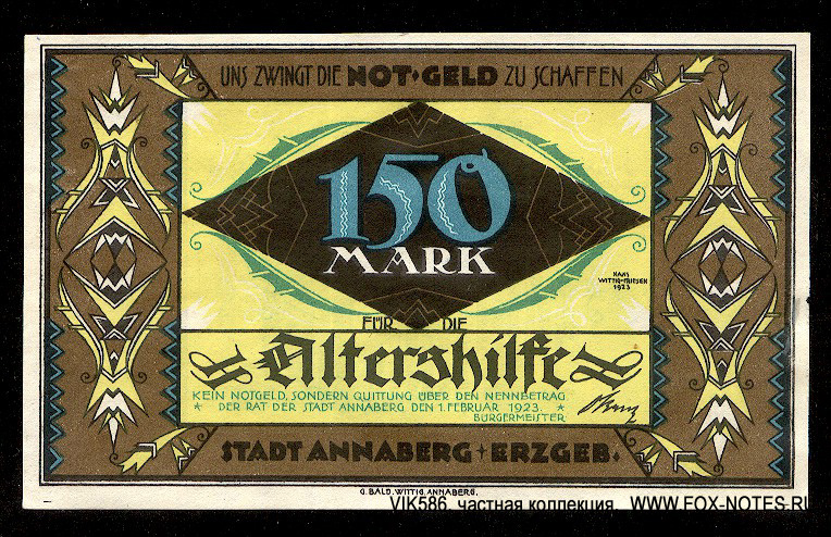 Stadt Annaberg + Erzgebirge Altershilfe. 150 Mark. 1. Februar 1923.