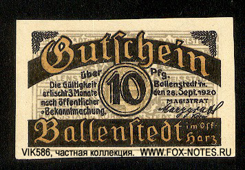 Stadt Ballenstedt notgeld 10 pfennig 1920
