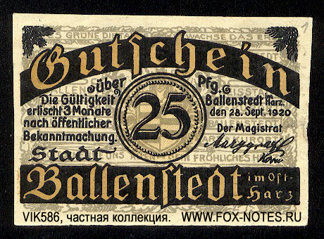 Stadt Ballenstedt 25 Pfennig 1920 NOTGELD