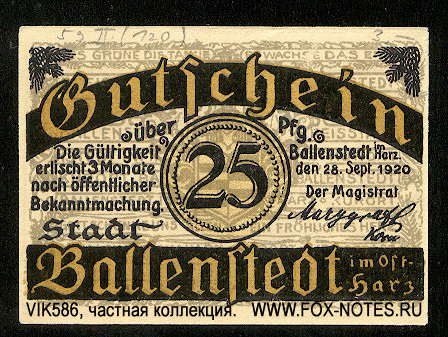 Ballenstedt 25 Pfennig 1920 Notgeld