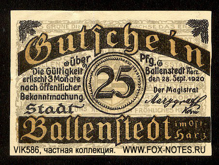 Stadt Ballenstedt 25 Pfennig 1920 NOTGELD