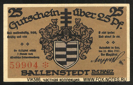 Stadt Ballenstedt 25 pfennig 1921 notgeld