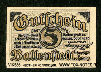 Stadt Ballenstedt 5 Pfennig 1921 