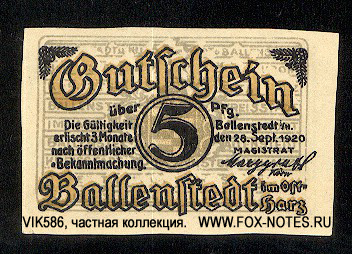 Stadt Ballenstedt 5 Pfennig 1921