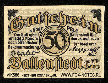 Stadt Ballenstedt 50 Pfennig