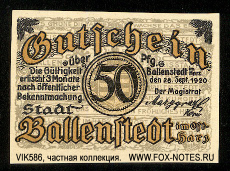 Ballenstedt 50 Pfennig 1920 Notgeld