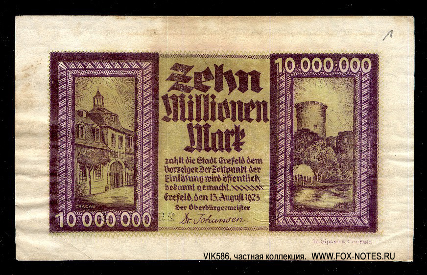Stadthauptkasse Crefeld 10 Millionen Mark 1923
