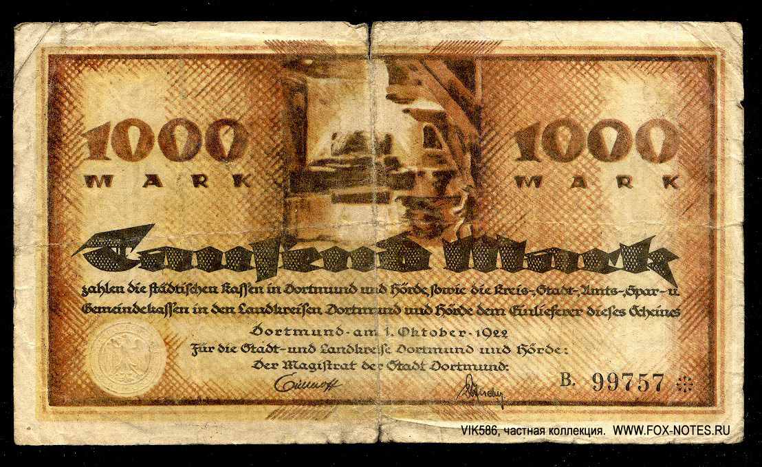 Der Stadt und Landkreis Dortmund und Hörde 1000 Mark 1921.