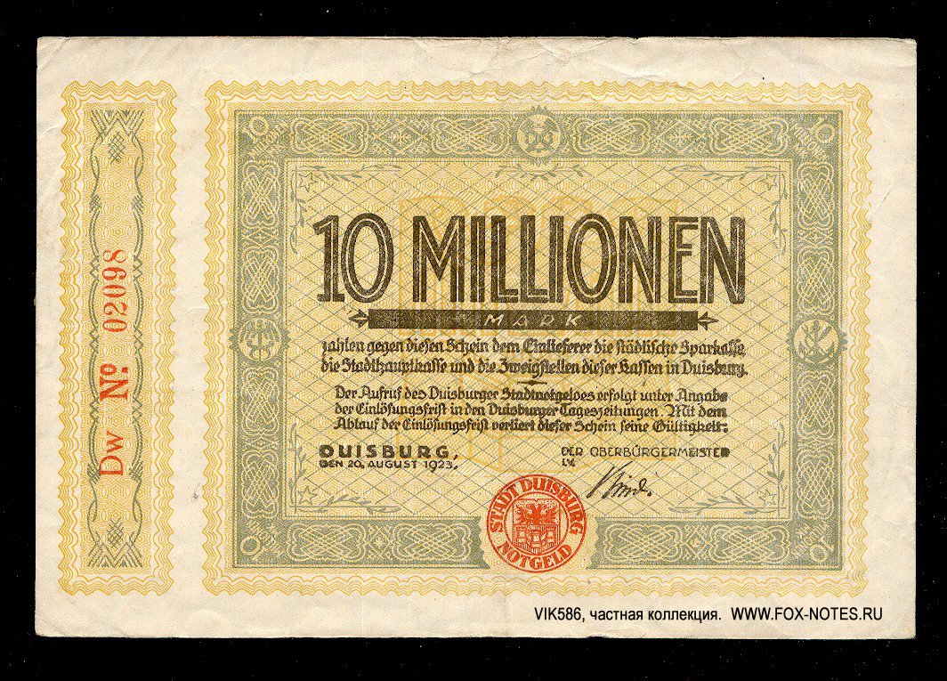 Stadt Duisburg 10 Millionen Mark 1923