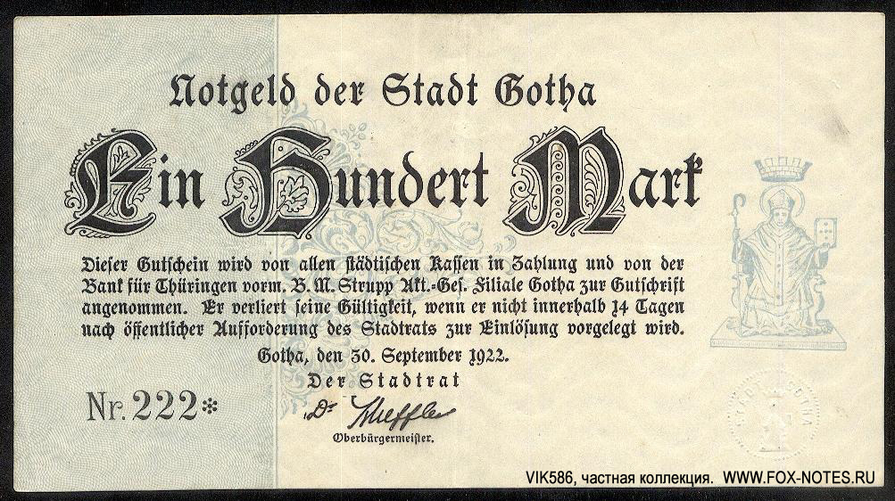 Notgeld der Stadt Gotha. 100 Mark. 30. September 1922.