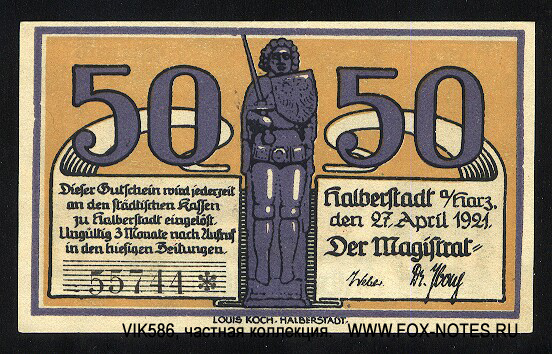 Stadt Halberstadt 50 Pfennig 1921 NOTGELD